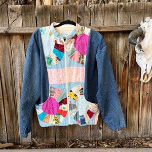 Vintage 1980s Denim and Quilted Jacket by Scott August for O&#39;Dell House USA M/L/XL Cottagecore Grannycore Unique Retro Fashion