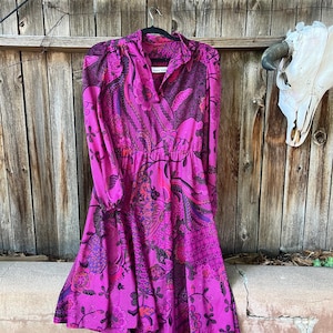 80s Vintage Purple Paisley Secretary Dress | Long Sleeves Fall Fashion Dress by Toni Todd M/L