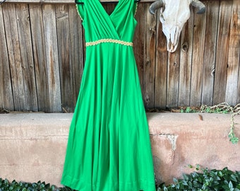 70s Vintage Green Maxi Dress | Disco Glam Gold Accent Party Dress, S/M