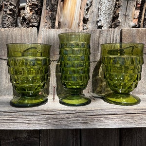 50s Vintage Green Indiana Diamond Point Glasses Set of Three Wine Goblets Emerald Green