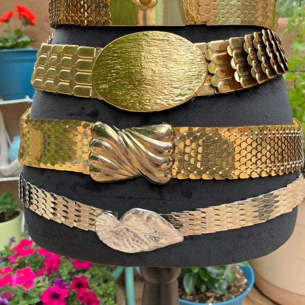 Vintage Gold Belts Collection of Rocker Disco Elastic Stretchy Belts Retro Accessories