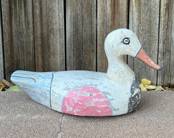 Antique Hand-Carved Folk Art Duck Decoy | Painted Wooden Cottagecore Decor