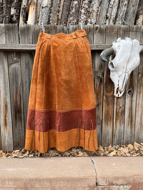 70s Style Vintage Southwestern Leather Maxi Skirt… - image 1