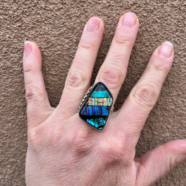 Vintage Dichroic Glass and Sterling Statement Ring Murano Glass Style Adjustable Ring