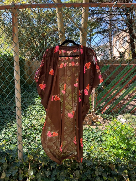 Vintage 1970s Floral Kimono Flapper Style Beach We