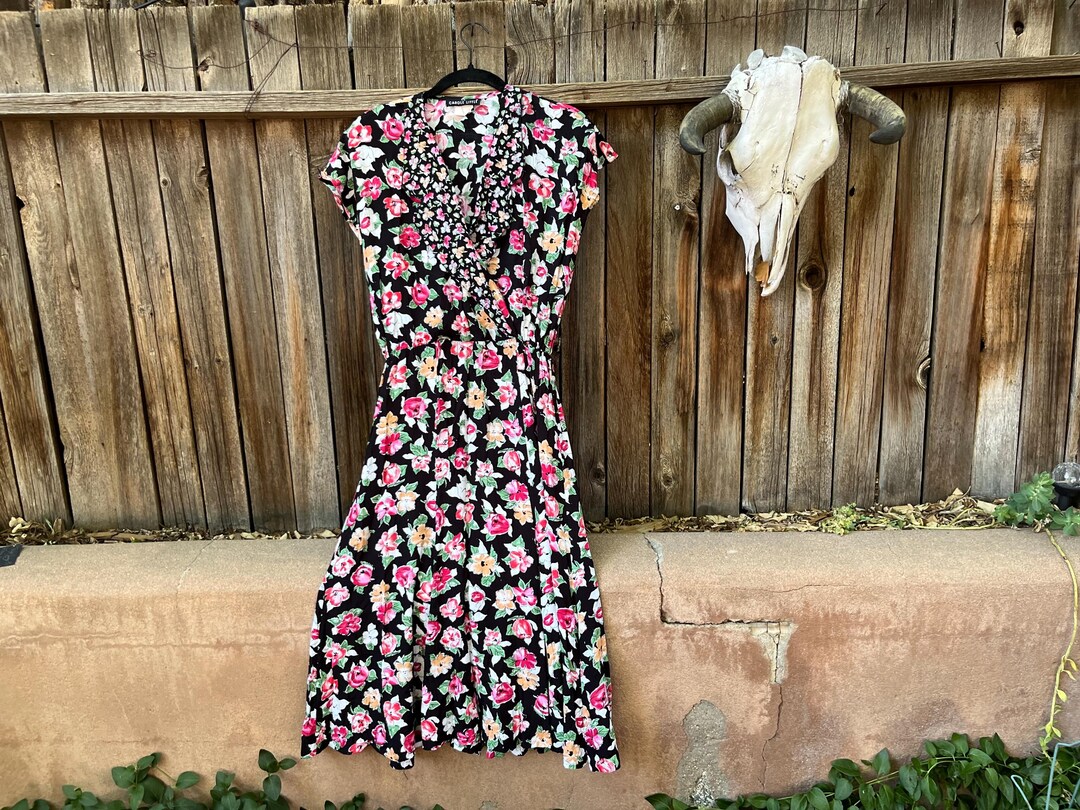 Vintage 90s Floral Midi Dress S/M | Carole Little Black Rayon 40s