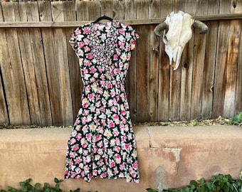 Vintage 90s Floral Midi Dress S/M | Carole Little Black Rayon 40s Style
