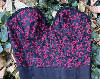 80s Vintage Red and Black Lace Bustier Corset by JCPenney Size 34A