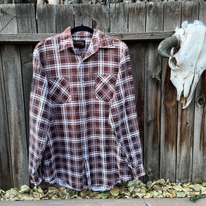 70s Vintage Montgomery Ward Plaid Flannel Shirt Brown White M Tall