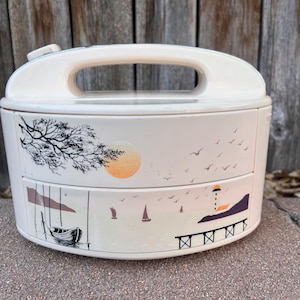 Vintage Maritime Melamine Bento Box | Retro Lunchbox 2-Tier Lighthouse Picnic Pail