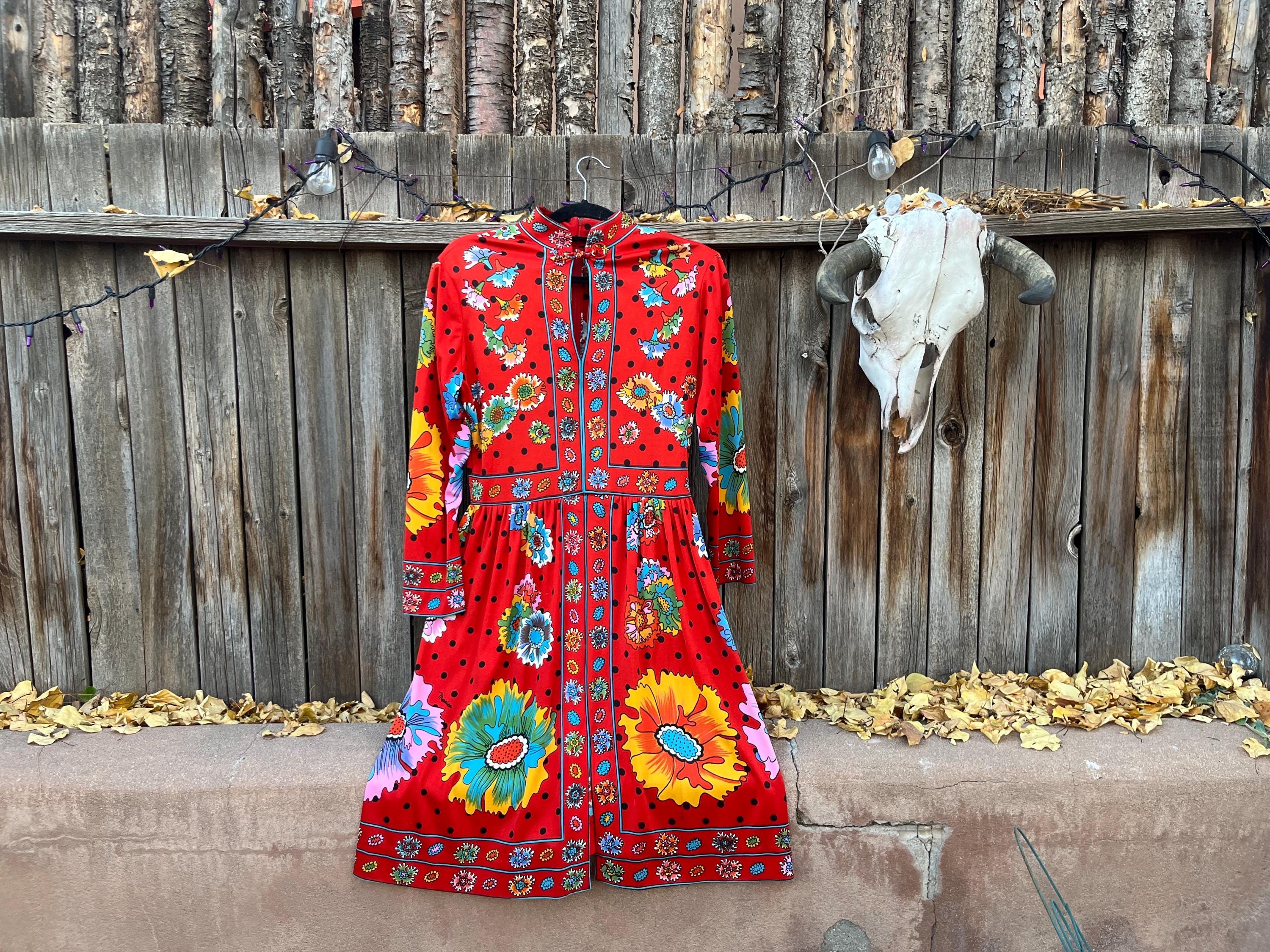 Vintage 70s Red Floral Polka Dot Dress | Maurice Mandarin Collar
