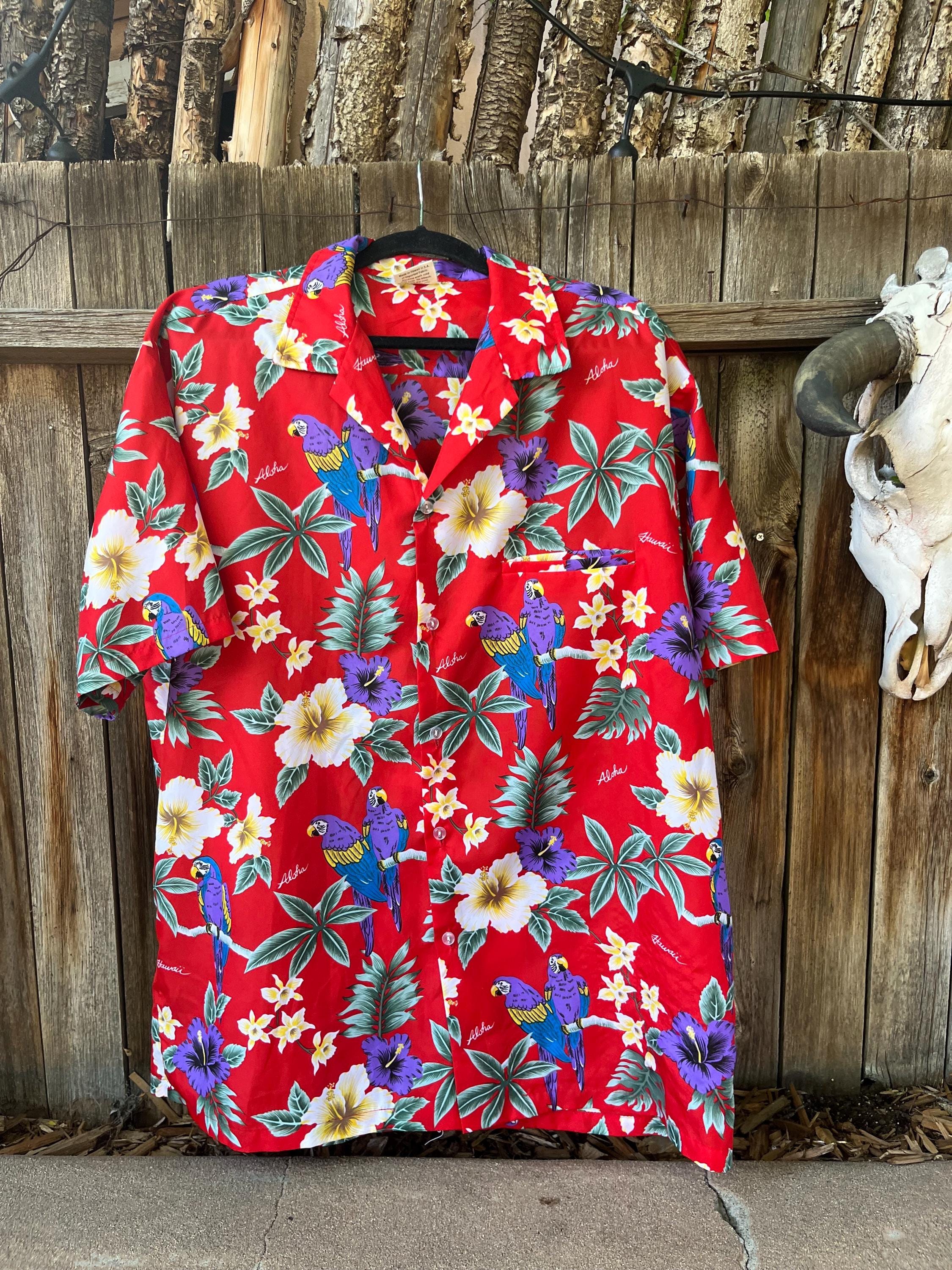 80s Red Hawaiian Shirt | Vintage Parrot Print Button Down, 2XL - Etsy
