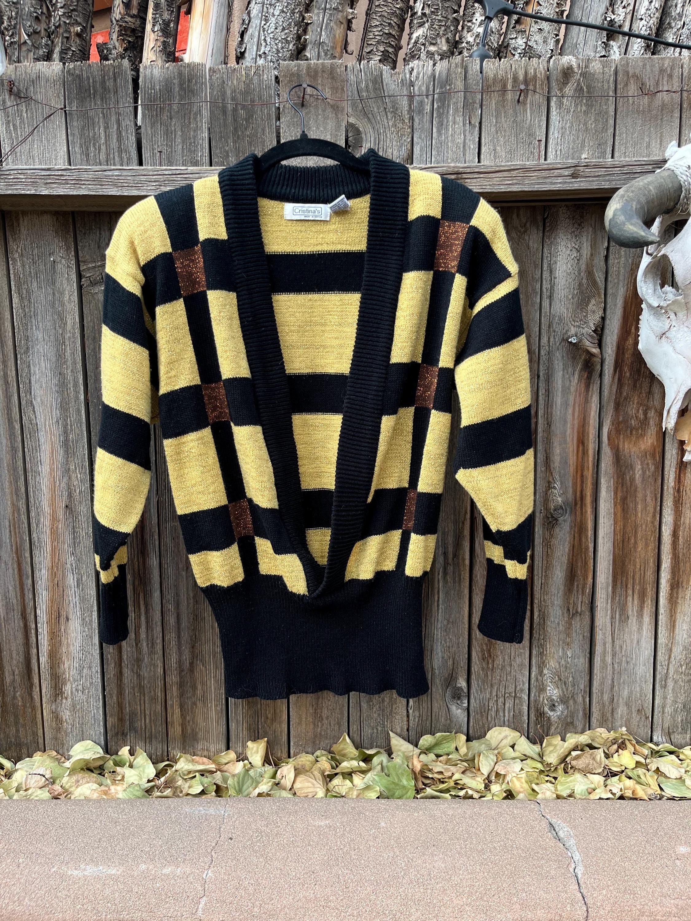 80s ITALY製 Vintage Ethnic V Neck Knit 80s Vintage Metallic Gold and Black V Neck Sweater by Cristina's M
