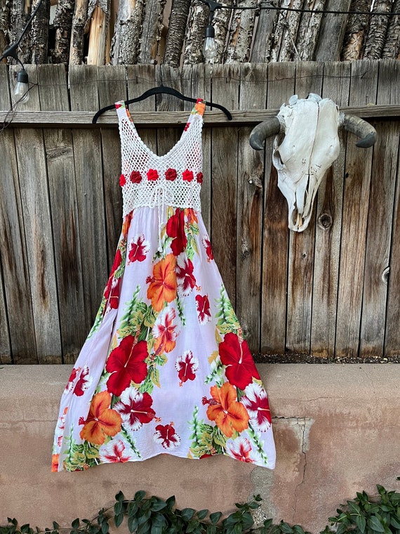 高質 90s Vintage Macrame Hawaiian Print Summer Dress by Coj フラダンス