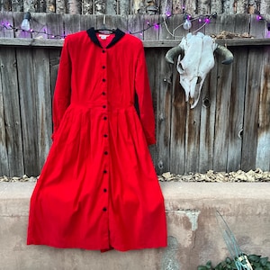 Vintage 90s Talbots Red Corduroy Midi Dress | Black Accents Holiday Winter Fashion Medium