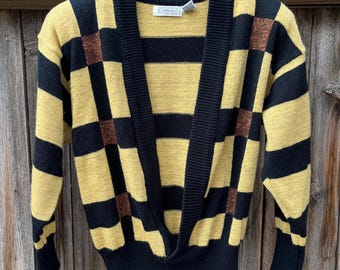 80s Vintage Metallic Gold and Black V Neck Sweater by Cristina's M