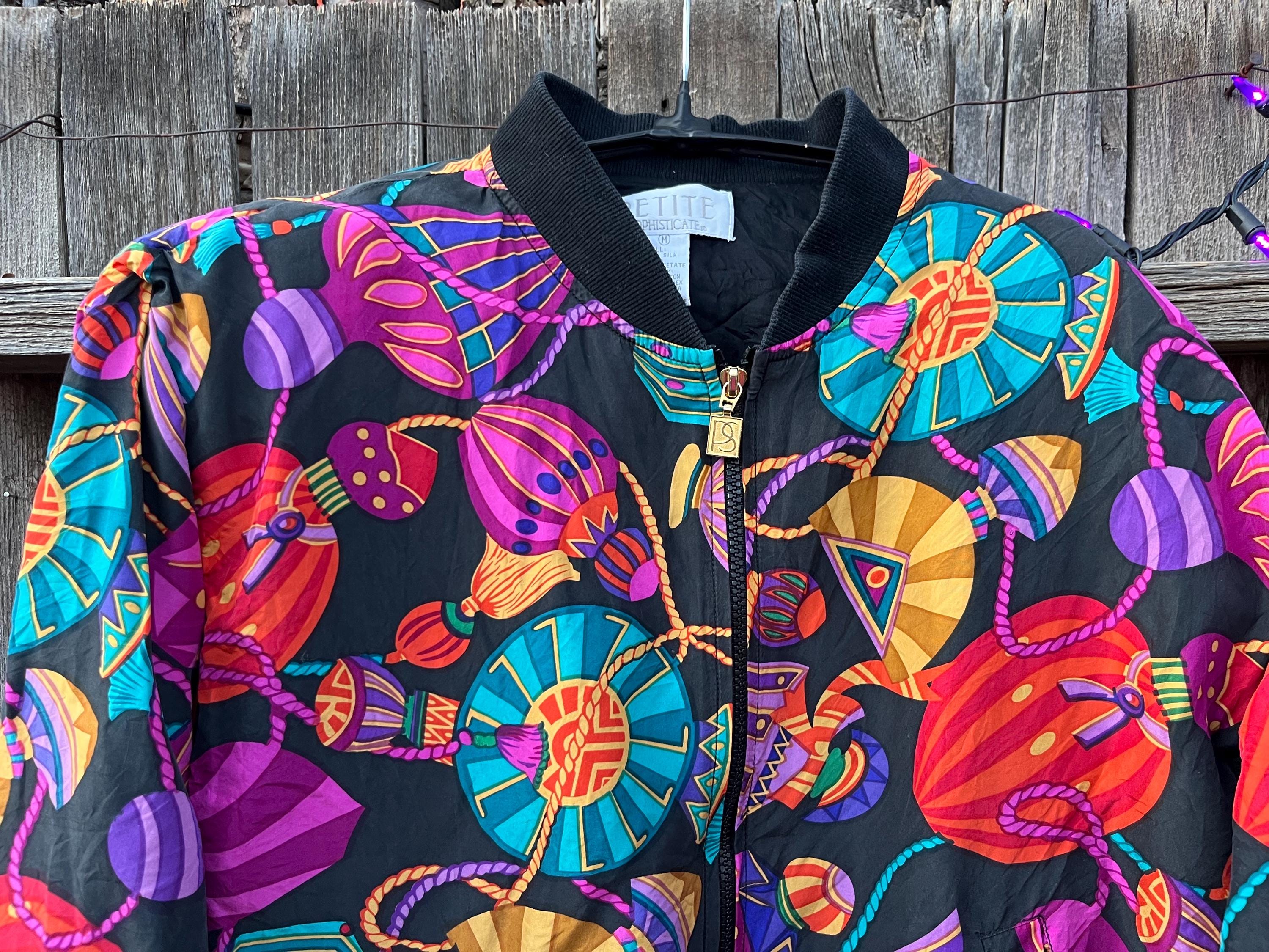 Vintage 80s Silk Bomber Jacket | Perfume Bottle Print, Petite