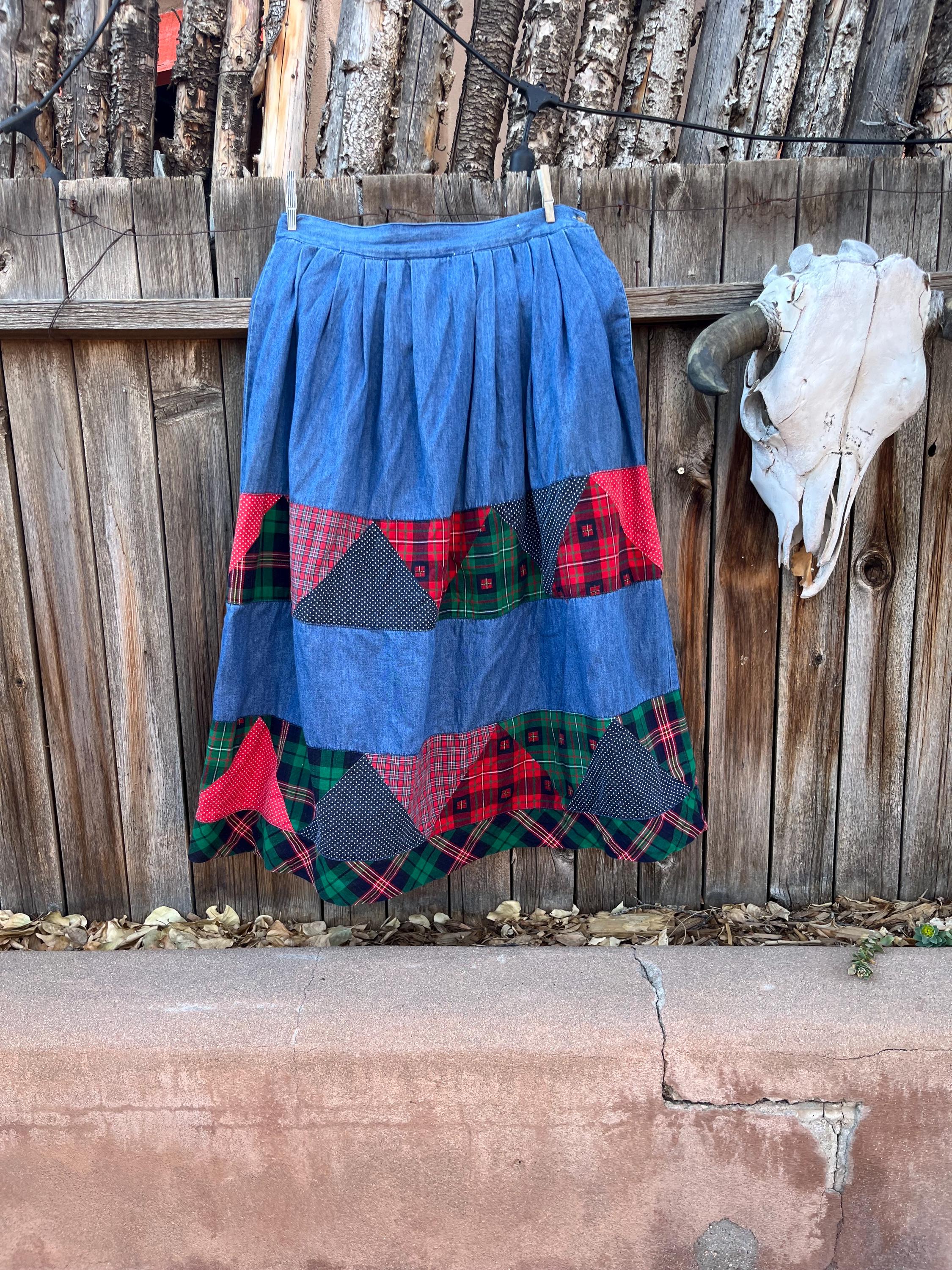 Vintage 90s Patchwork Denim Skirt Cottagecore Quilt Style by Susan