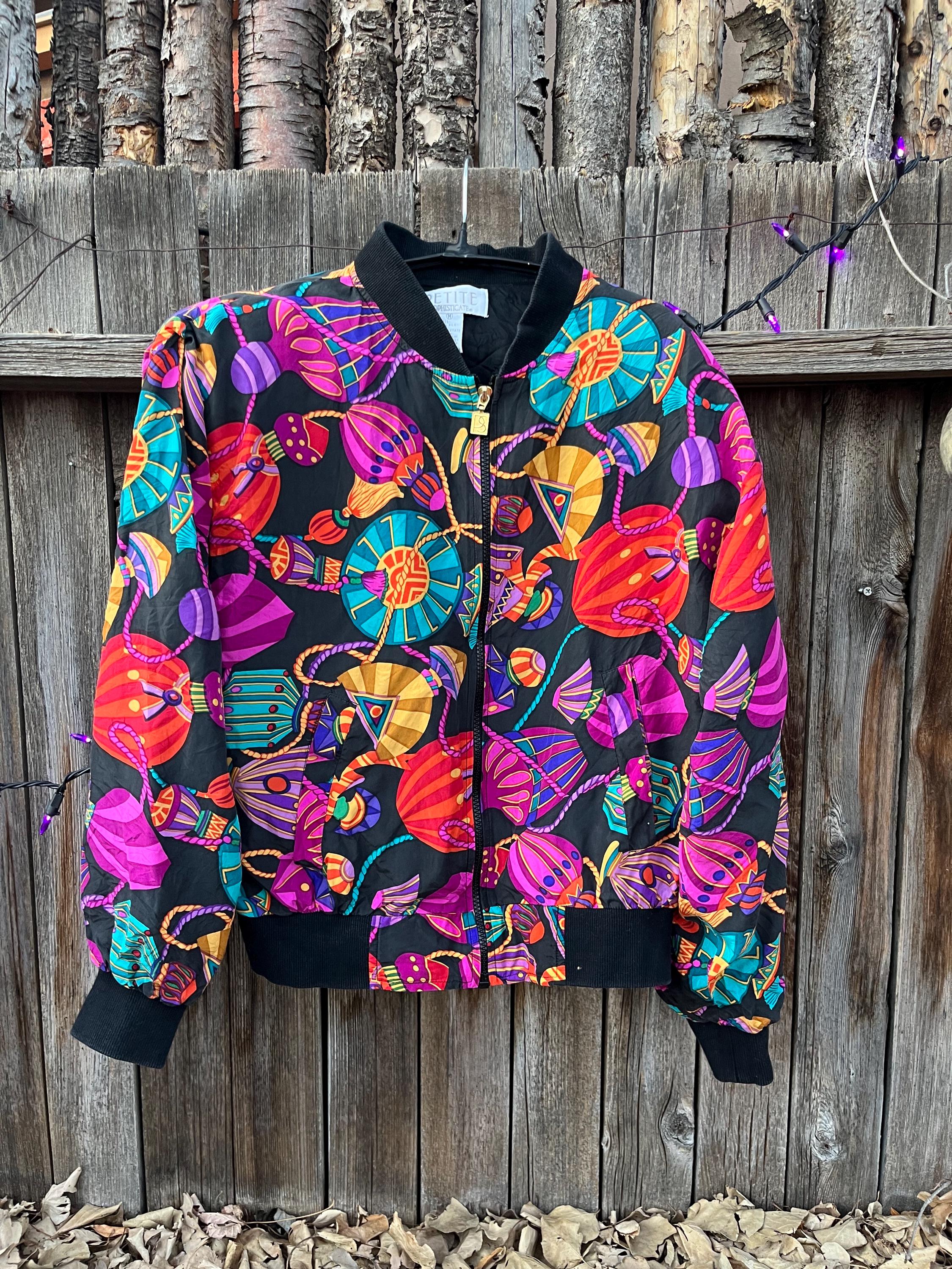 Vintage 80s Silk Bomber Jacket | Perfume Bottle Print, Petite