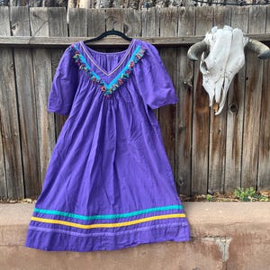 Vintage 80s Purple Kaftan House Dress with Colorful Fringe M/L Cottagecore Summer Dress M/L/XL