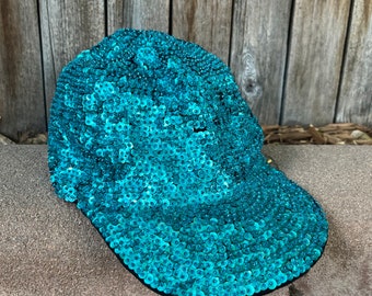 80s Vintage Turquoise Sequin Baseball Cap by JC | Retro  display picture 3