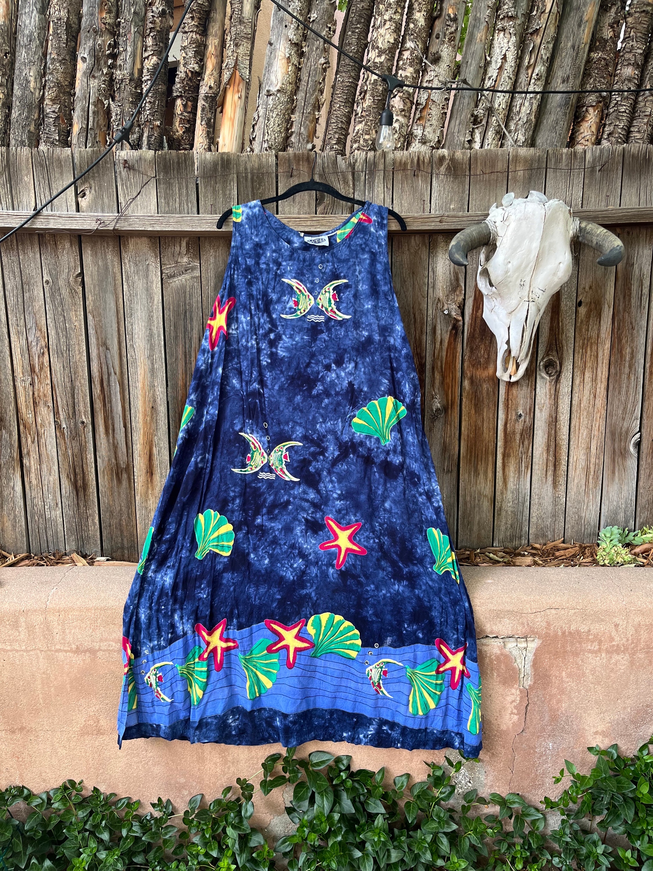 90s Vintage Fish Print Maxi Dress | Batik Tie-Dye Lounge Coverup, L/XL