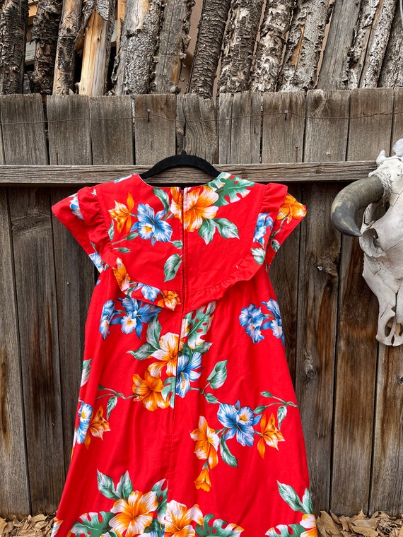 80s Vintage Hilo Hattie's Hawaii Red Tropical Maxi Dress M/L Size
