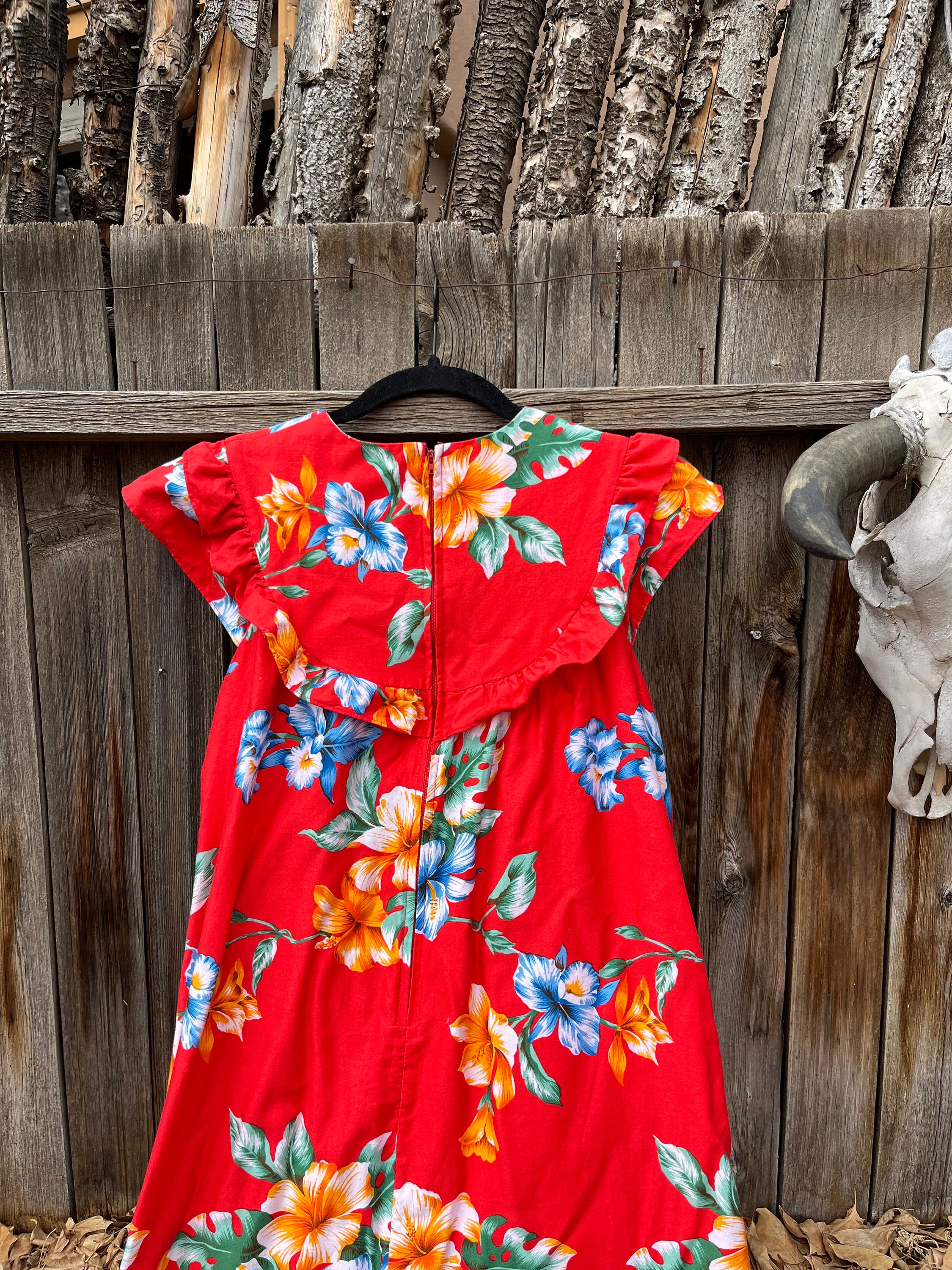 80s Vintage Hilo Hattie's Hawaii Red Tropical Maxi Dress M/L