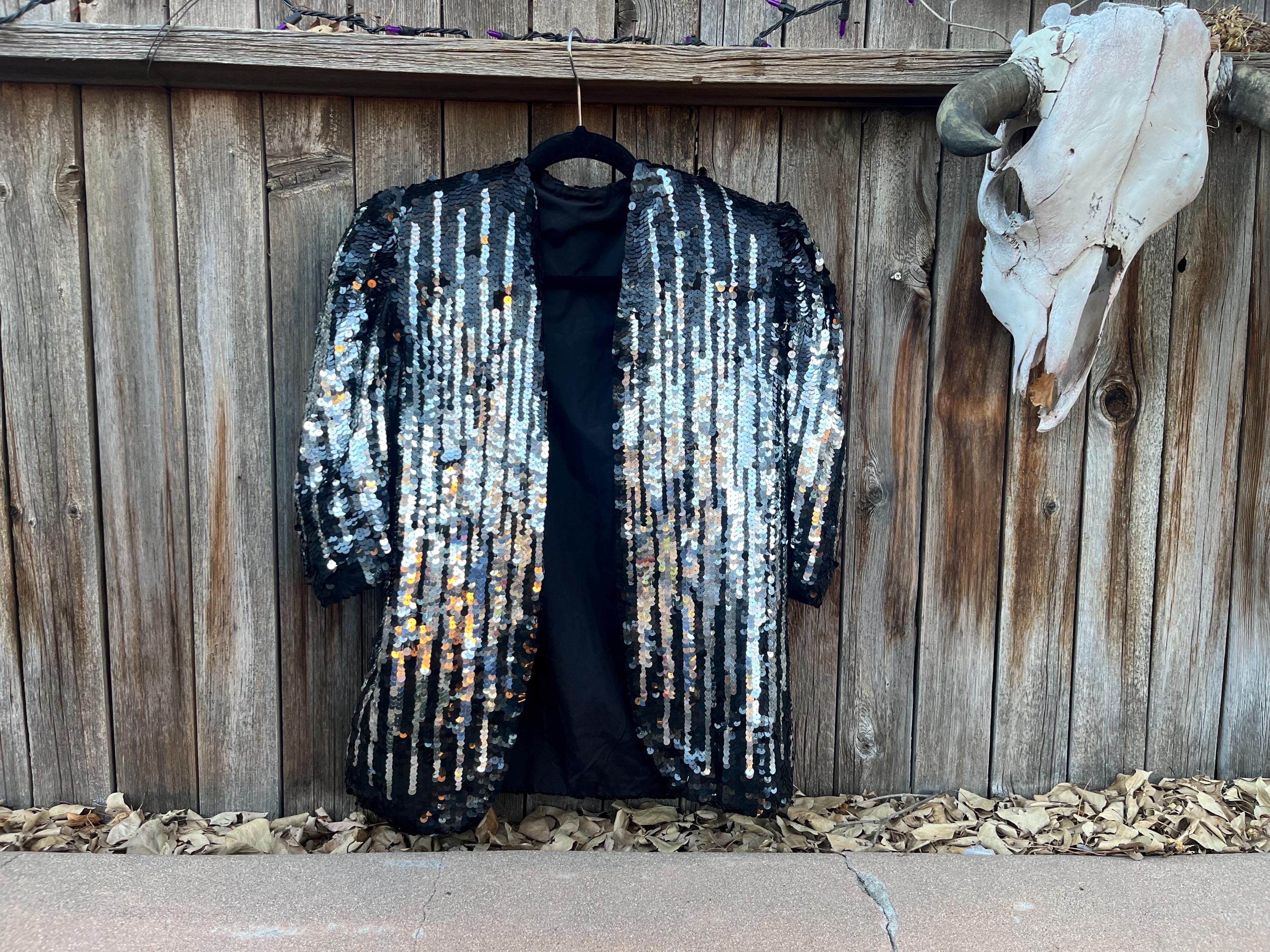 Vintage 80s Glam Sequin Jacket S/M | Black Silver Stripe Retro