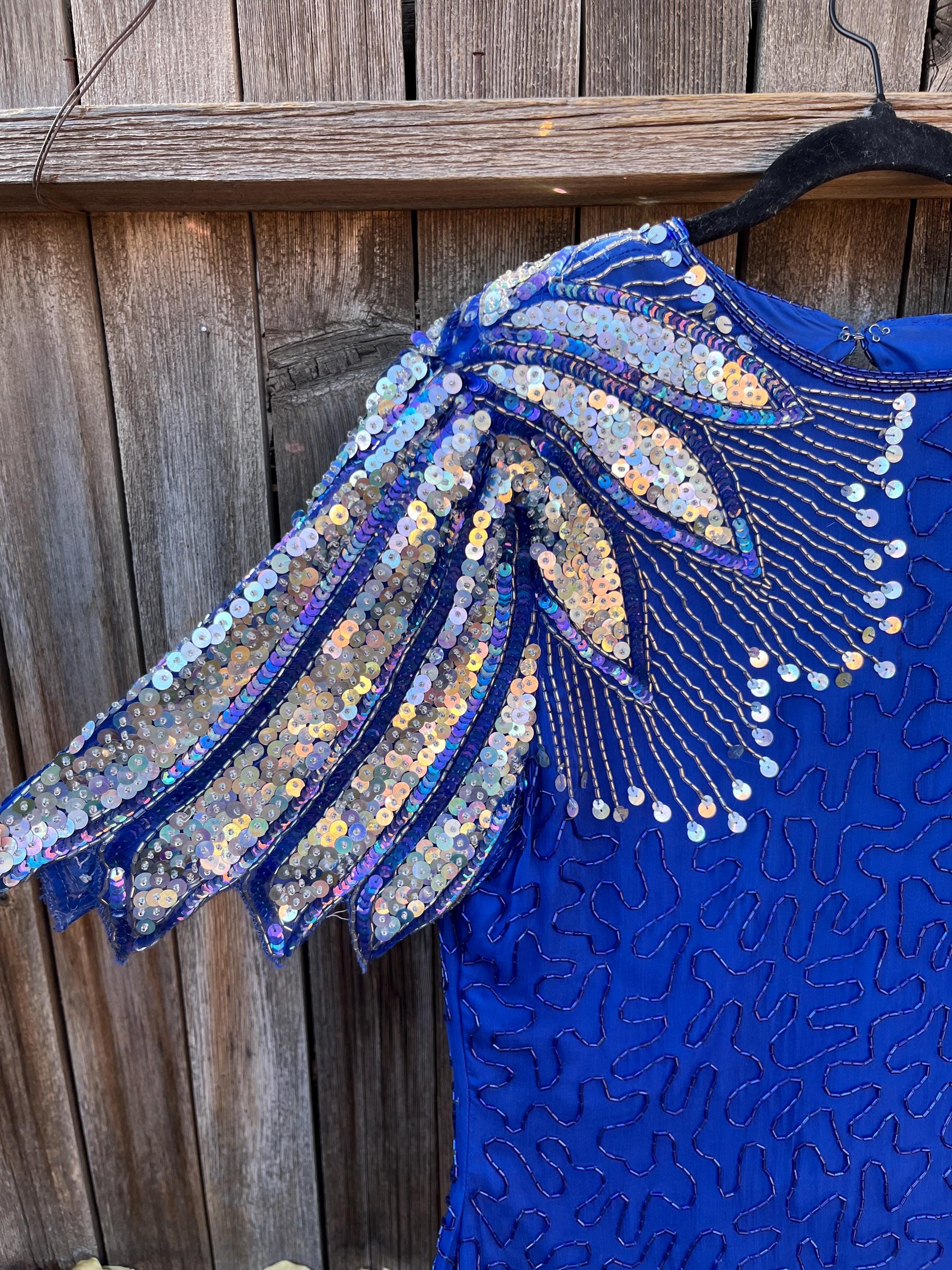 80s Glam Vintage Beaded Dress by Scala | Blue Silk Evening Dress M/L