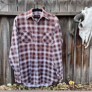 70s Vintage Plaid Flannel Shirt by Montgomery Ward Brown White Workwear M-Tall