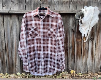 70s Vintage Plaid Flannel Shirt by Montgomery Ward Brown White Workwear M-Tall
