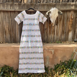 Vintage 1970s Mexican Wedding Dress Lace & Embroidery | Boho Hippie Maxi S/M