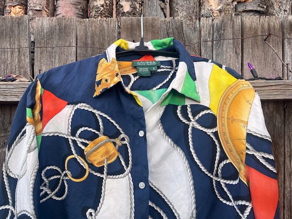 90s Ralph Lauren Silk Blouse | Nautical Novelty Anchor Print Navy