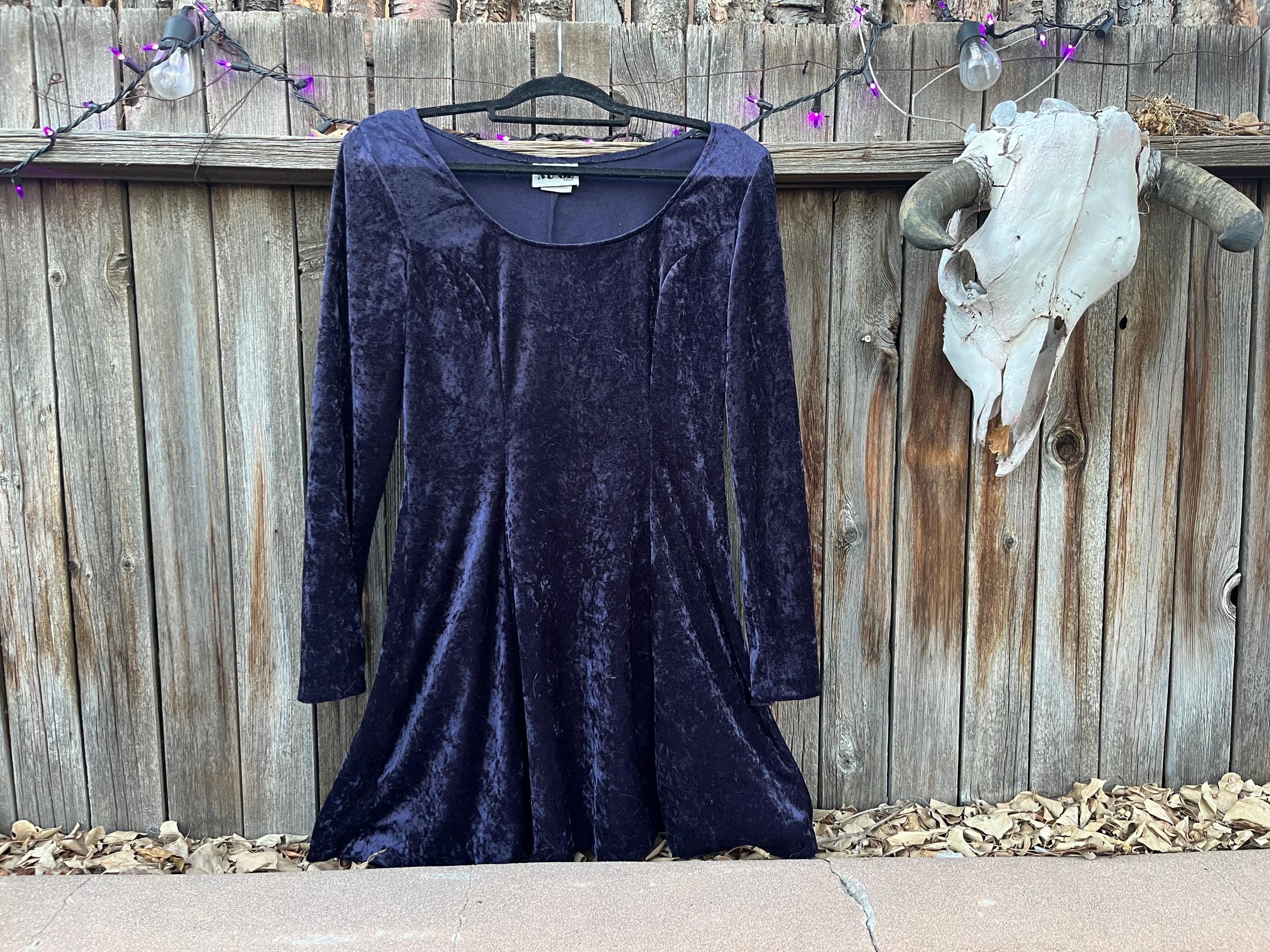 90s skater dress Vintage Purple Crushed Velvet | Whimsygoth Style Web Collection: F1 Halter Crystal Detail Backless Color:Orchid plum and soft blue