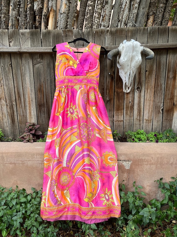 60s Vintage Psychedelic Novelty Print Maxi Dress M