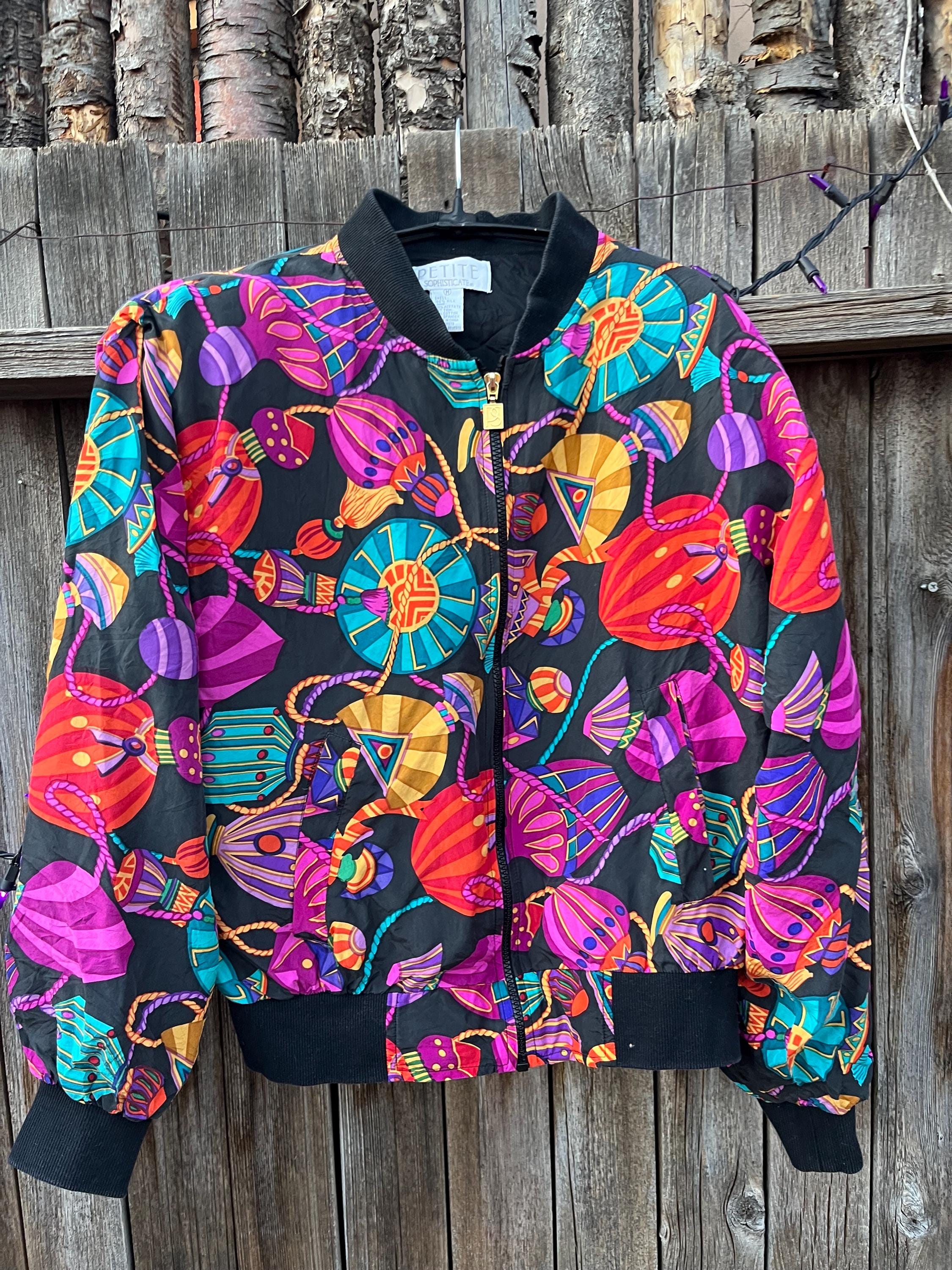 Vintage 80s Silk Bomber Jacket | Perfume Bottle Print, Petite