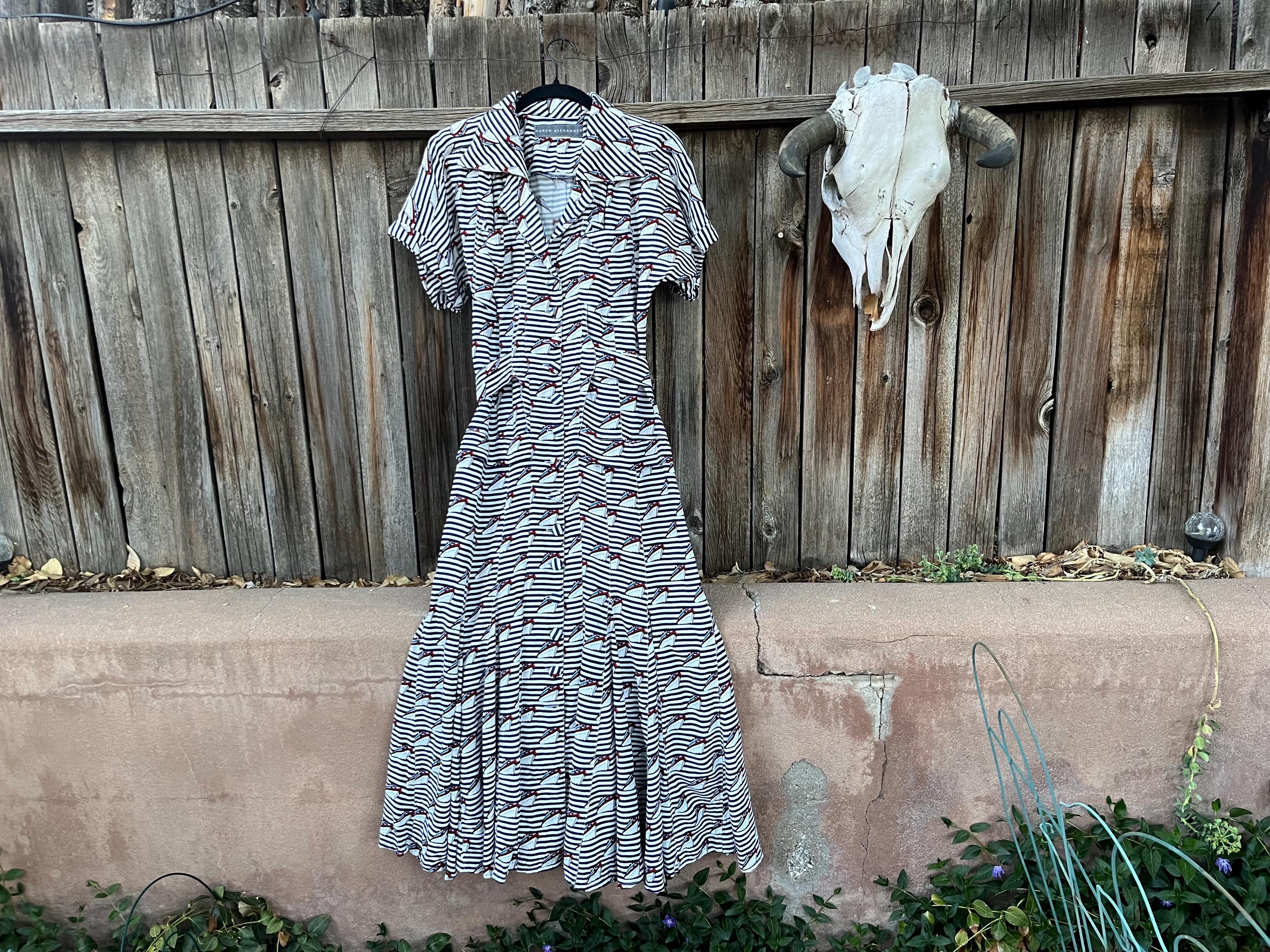 Vintage 90s Striped Maxi Dress | Karen Alexander Steamship Nautical Print Small