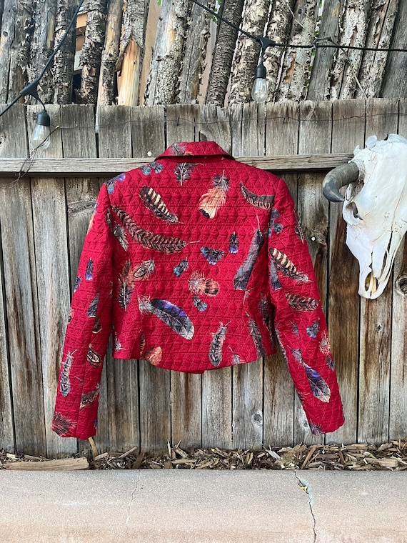 80s Vintage Silk Feather Bolero Jacket – Novelty Print, Unisex M/L