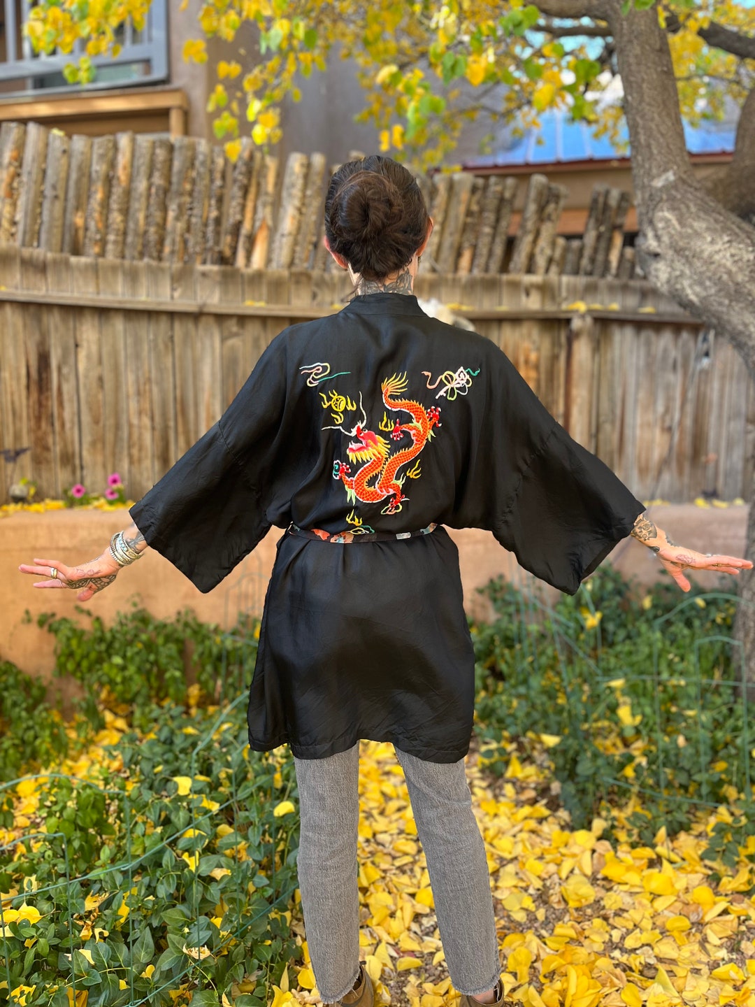 60s Vintage Silk Dragon Robe Black and Red Chinese Dragon Kimono Style