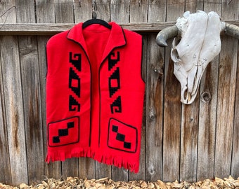 70s Vintage Red Fringed Vest with Southwestern Motifs M/L