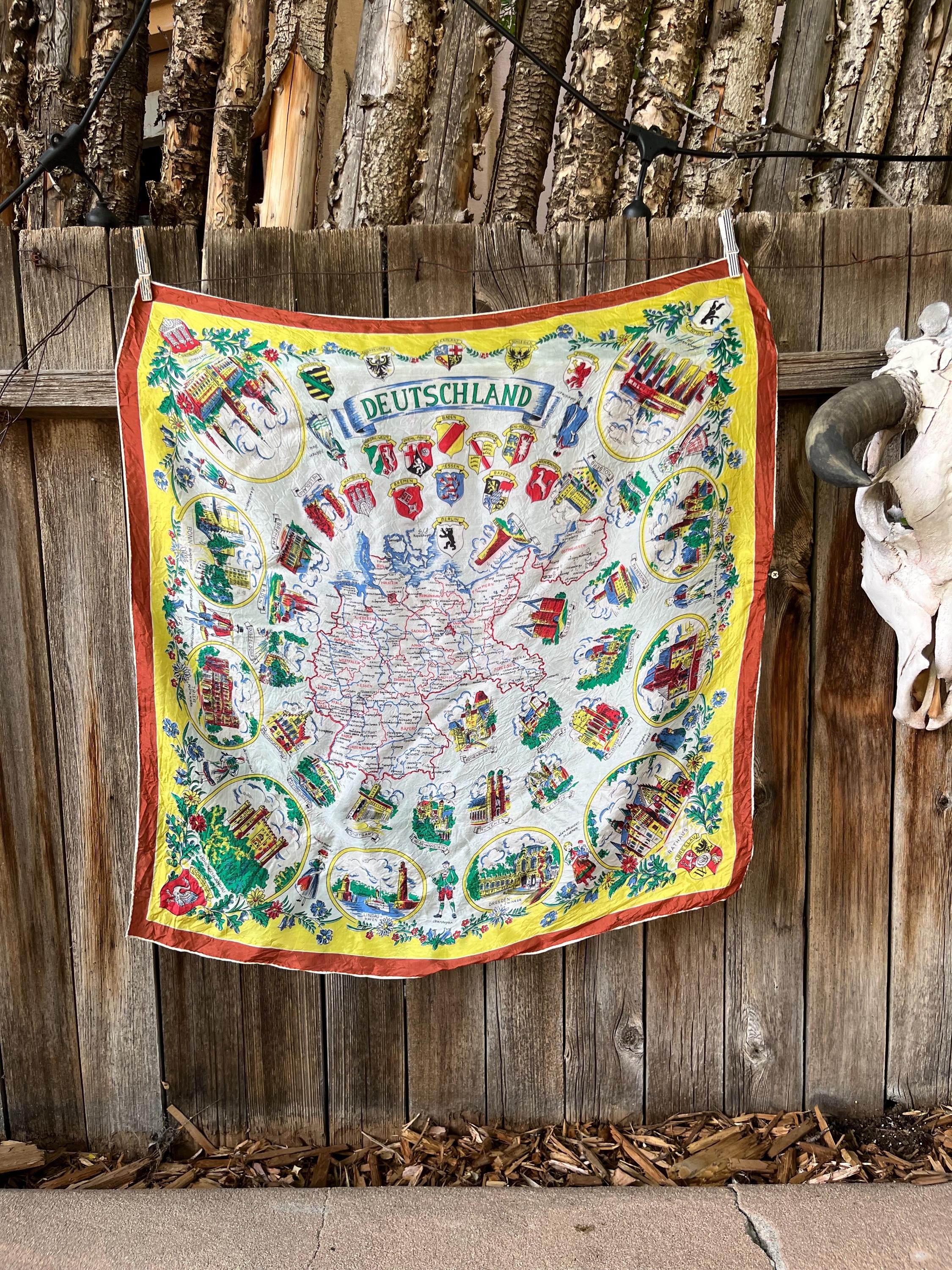 Vintage 60s Deutschland Souvenir Scarf | Cold War German Map Silk