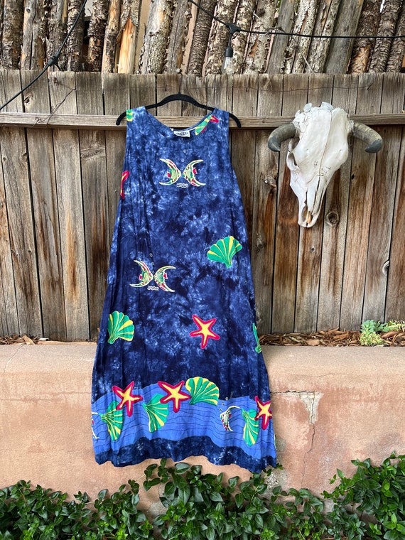 90s Vintage Tie-dye Fish Novelty Print Maxi Dress | Beach