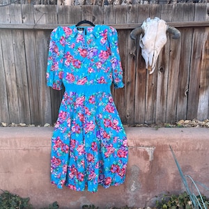 80s Vintage Diane Freis Silk Dress | Turquoise Floral Blouson Dress | Designer Collector’s Piece M/L