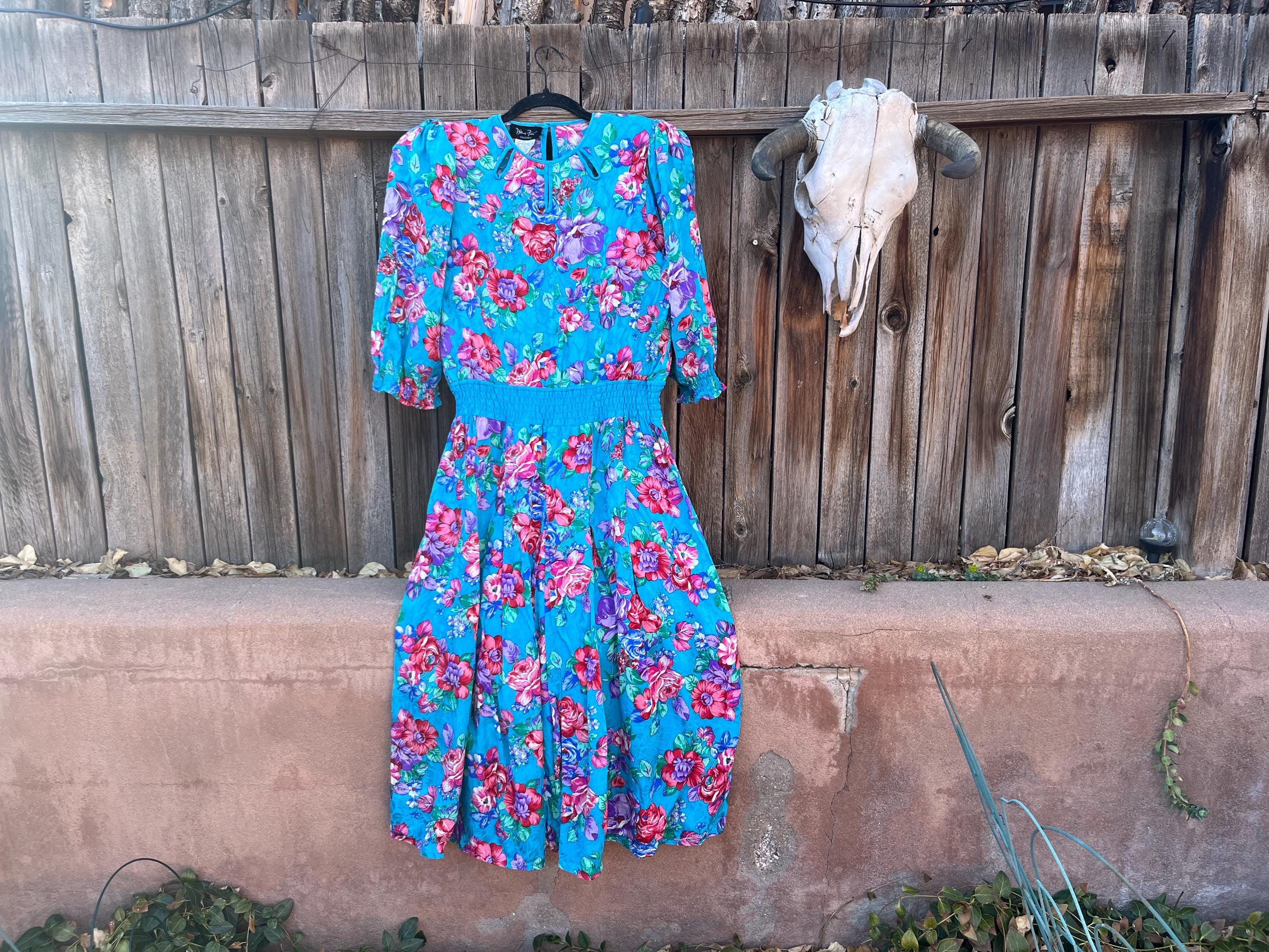 80s Diane Freis Silk Dress | Turquoise Floral Blouson, M/L - Etsy