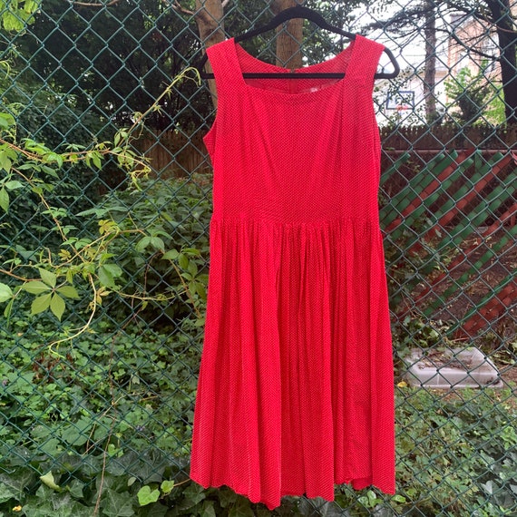 Vintage 1950s Red Polka Dot Day Dress Swiss Dot L/