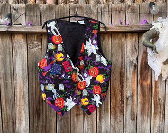Vintage 90s Basic Editions Halloween Vest - Spooky Grannycore Print M/L