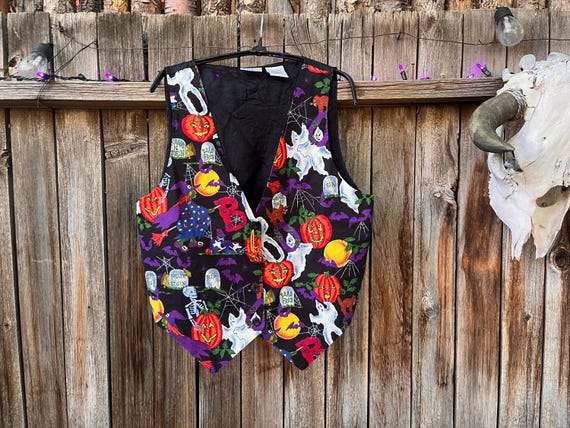 Vintage 90s Basic Editions Halloween Vest - Spooky Grannycore Print M/L