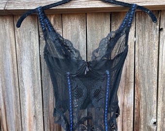 Vintage Black Lace Bustier Corset Lingerie Top by Jezebel Renee of Hollywood XS/S