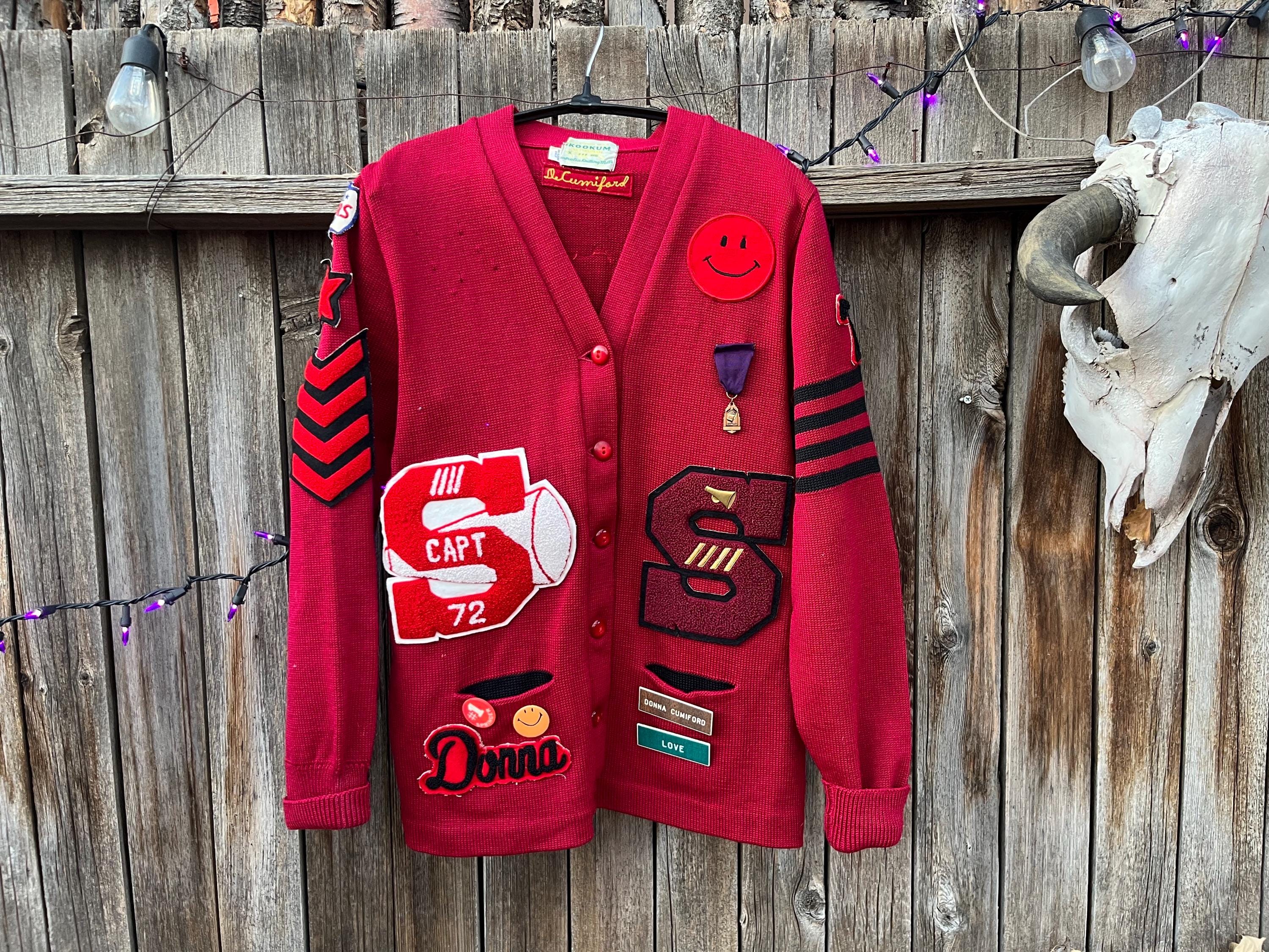 Vintage 70s Red Wool Letterman Sweater M | Cheerleading Varsity